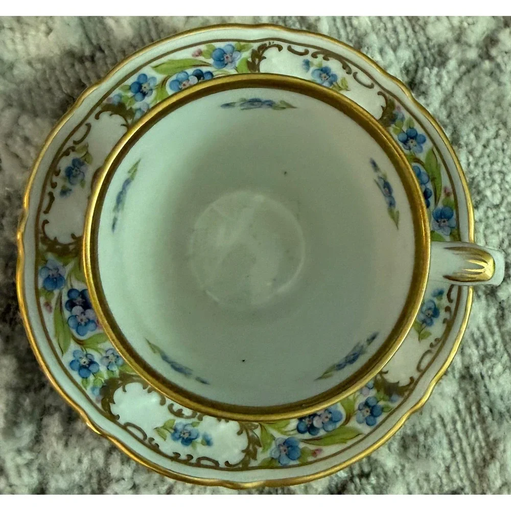 Schumann Arzberg Bavaria Forget Me Not Demitasse Cup Saucer Set Gold Gilt Blue